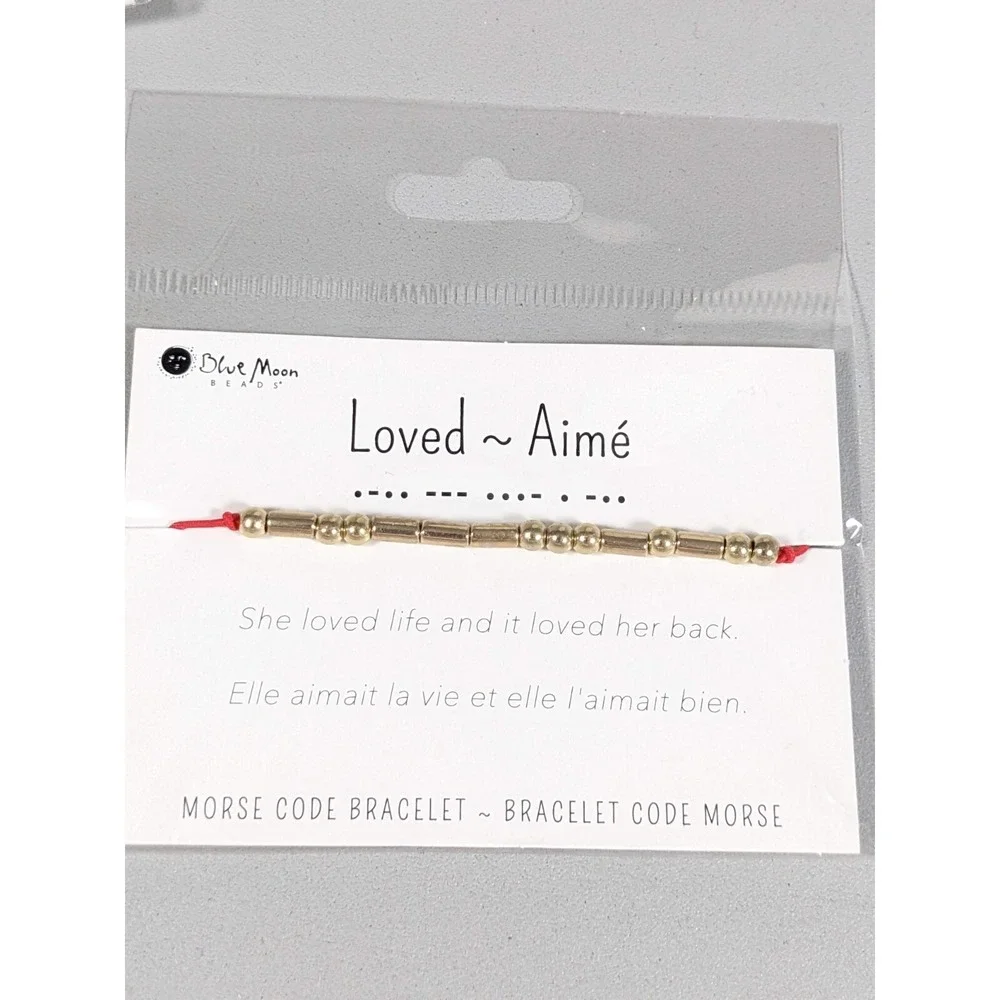Loved Morse Code Bracelet Gold Tone Red Cord‎ Adjustable Minimalist Gift